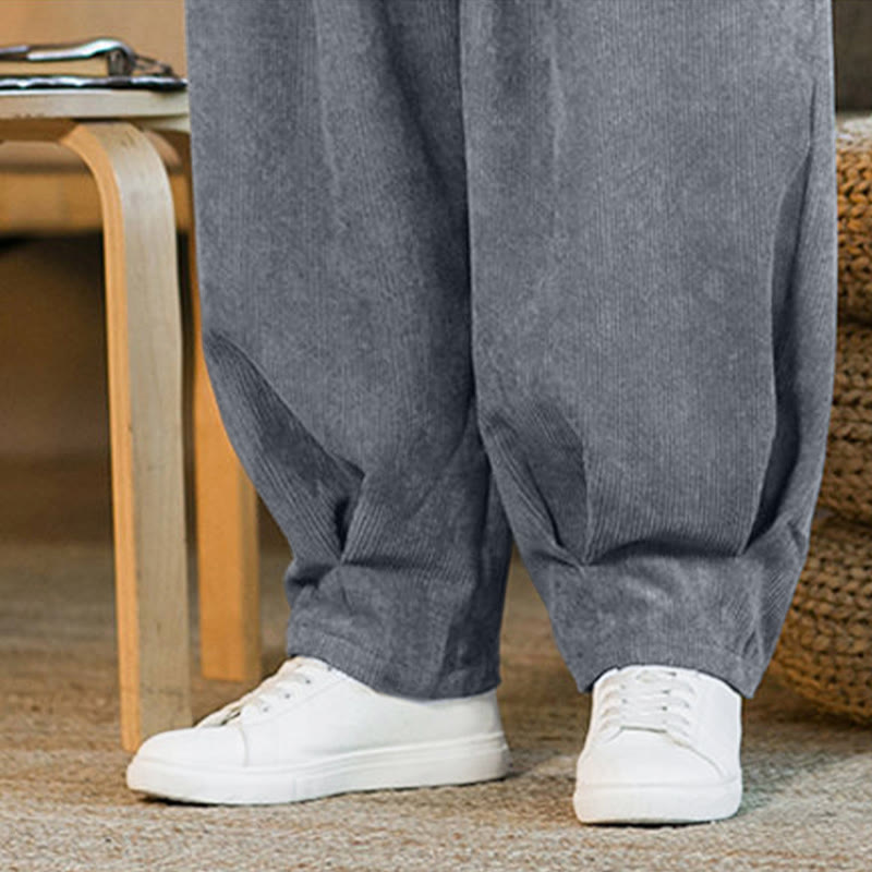 Buddha Stones Retro Men's Plain Fleece-Lined Corduroy Simple Design Harem Pants With Pockets