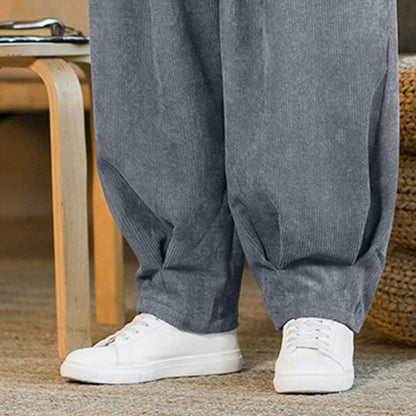 Buddha Stones Retro Men's Plain Fleece-Lined Corduroy Simple Design Harem Pants With Pockets