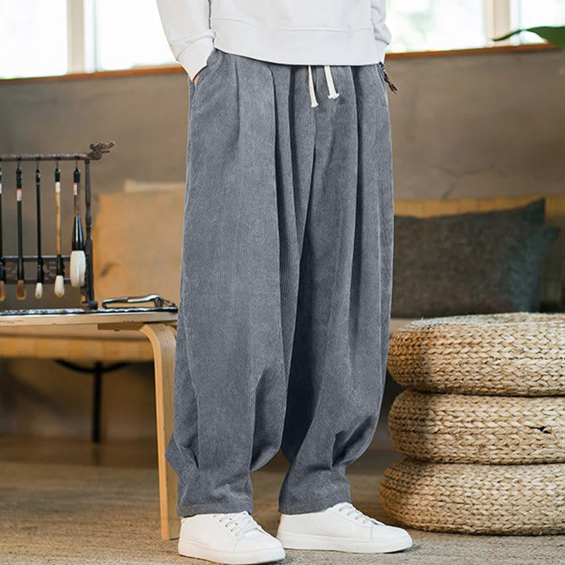 Buddha Stones Retro Men's Plain Fleece-Lined Corduroy Simple Design Harem Pants With Pockets