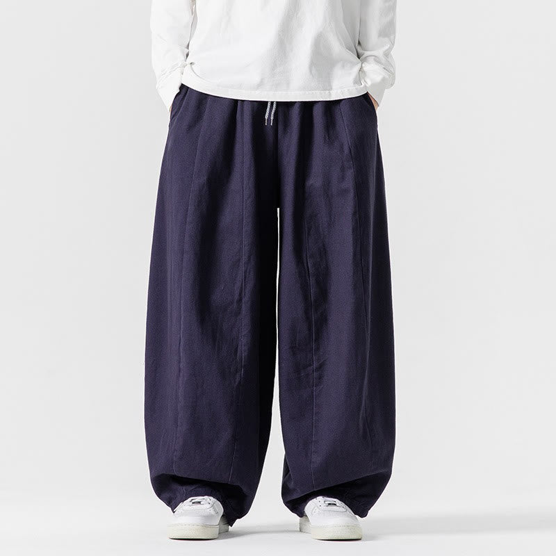 Buddha Stones Fall Solid Color Cotton Elastic Waist Men's Harem Pants With Pockets