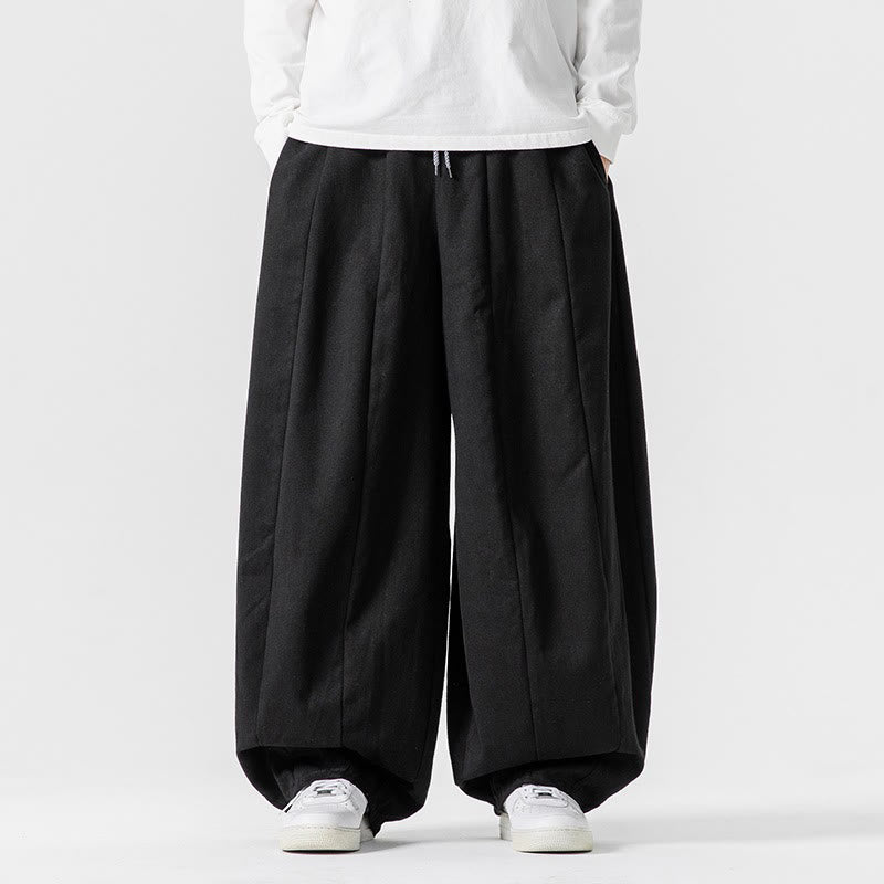 Buddha Stones Winter Commute Plain Drawstring Design Men's Wide Leg Cotton Pants With Pockets