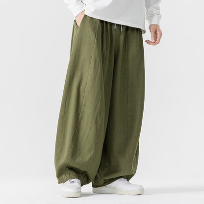 Buddha Stones Fall Solid Color Cotton Elastic Waist Men's Harem Pants With Pockets