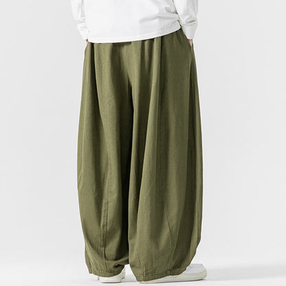Buddha Stones Fall Solid Color Cotton Elastic Waist Men's Harem Pants With Pockets
