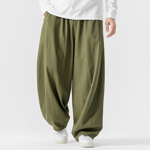 Buddha Stones Fall Solid Color Cotton Elastic Waist Men's Harem Pants With Pockets
