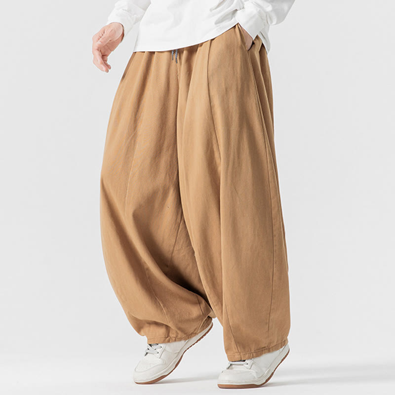 Buddha Stones Fall Solid Color Cotton Elastic Waist Men's Harem Pants With Pockets
