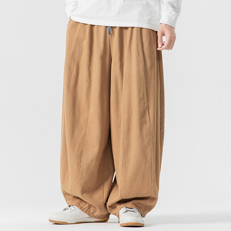 Buddha Stones Fall Solid Color Cotton Elastic Waist Men's Harem Pants With Pockets