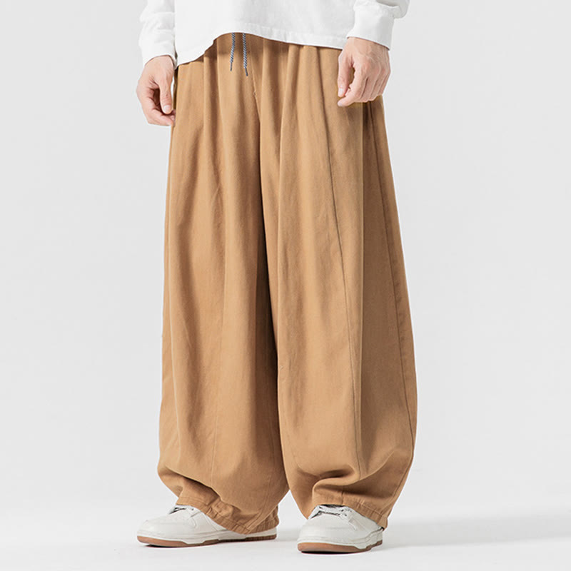 Buddha Stones Fall Solid Color Cotton Elastic Waist Men's Harem Pants With Pockets