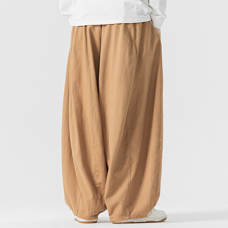 Buddha Stones Fall Solid Color Cotton Elastic Waist Men's Harem Pants With Pockets