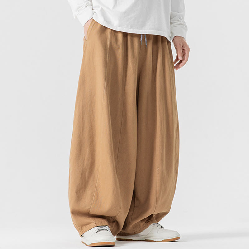 Buddha Stones Fall Solid Color Cotton Elastic Waist Men's Harem Pants With Pockets