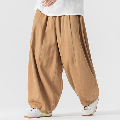 Buddha Stones Fall Solid Color Cotton Elastic Waist Men's Harem Pants With Pockets