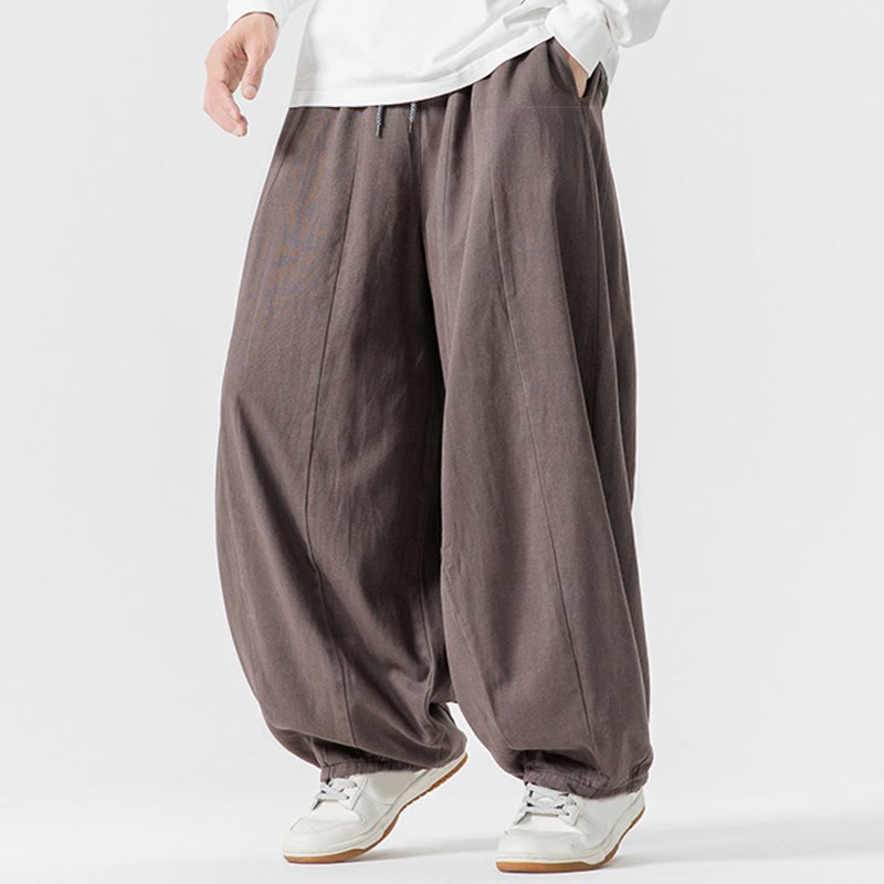 Buddha Stones Fall Solid Color Cotton Elastic Waist Men's Harem Pants With Pockets