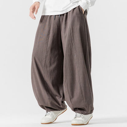Buddha Stones Fall Solid Color Cotton Elastic Waist Men's Harem Pants With Pockets