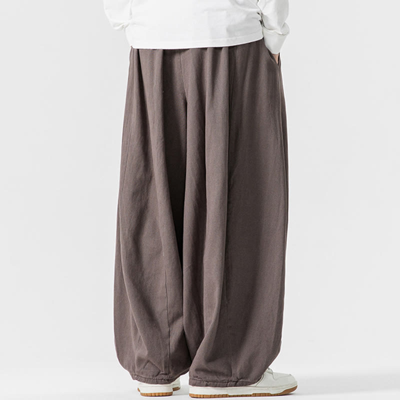 Buddha Stones Fall Solid Color Cotton Elastic Waist Men's Harem Pants With Pockets