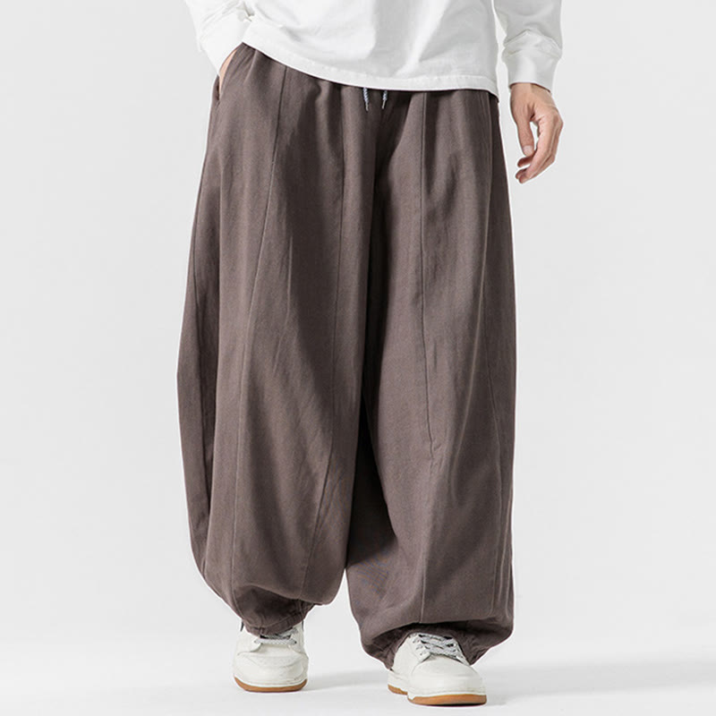 Buddha Stones Fall Solid Color Cotton Elastic Waist Men's Harem Pants With Pockets