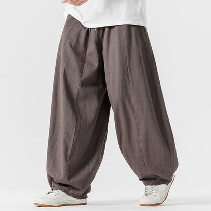 Buddha Stones Fall Solid Color Cotton Elastic Waist Men's Harem Pants With Pockets