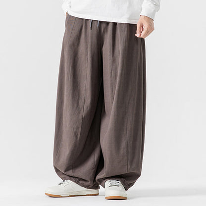 Buddha Stones Fall Solid Color Cotton Elastic Waist Men's Harem Pants With Pockets