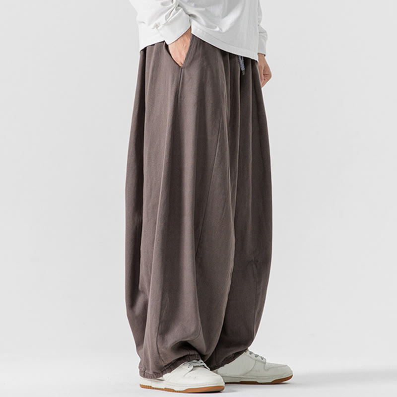 Buddha Stones Fall Solid Color Cotton Elastic Waist Men's Harem Pants With Pockets