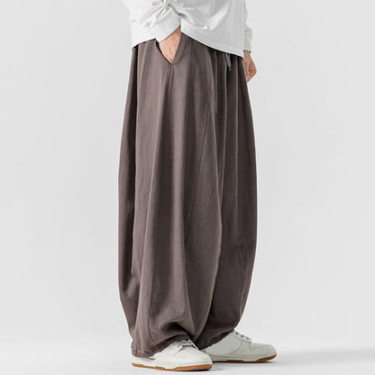 Buddha Stones Fall Solid Color Cotton Elastic Waist Men's Harem Pants With Pockets