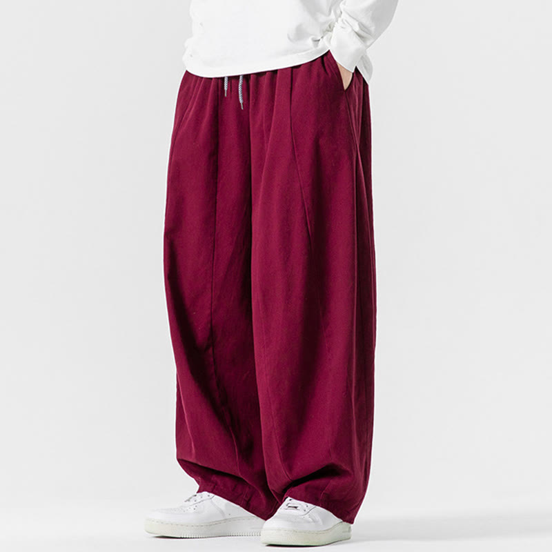 Buddha Stones Fall Solid Color Cotton Elastic Waist Men's Harem Pants With Pockets