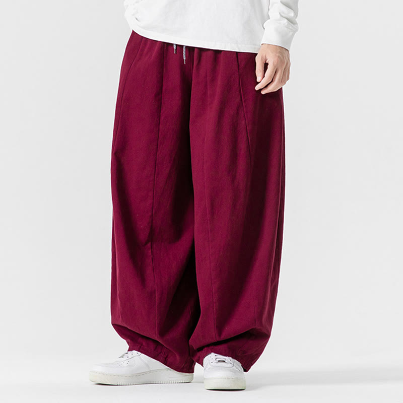 Buddha Stones Fall Solid Color Cotton Elastic Waist Men's Harem Pants With Pockets