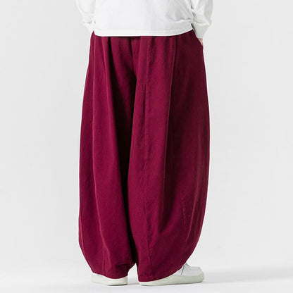 Buddha Stones Fall Solid Color Cotton Elastic Waist Men's Harem Pants With Pockets