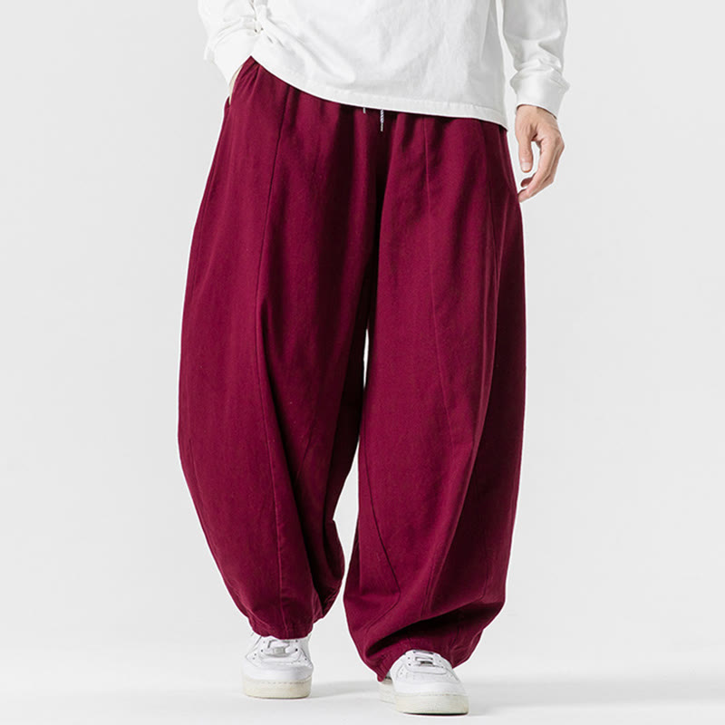 Buddha Stones Fall Solid Color Cotton Elastic Waist Men's Harem Pants With Pockets