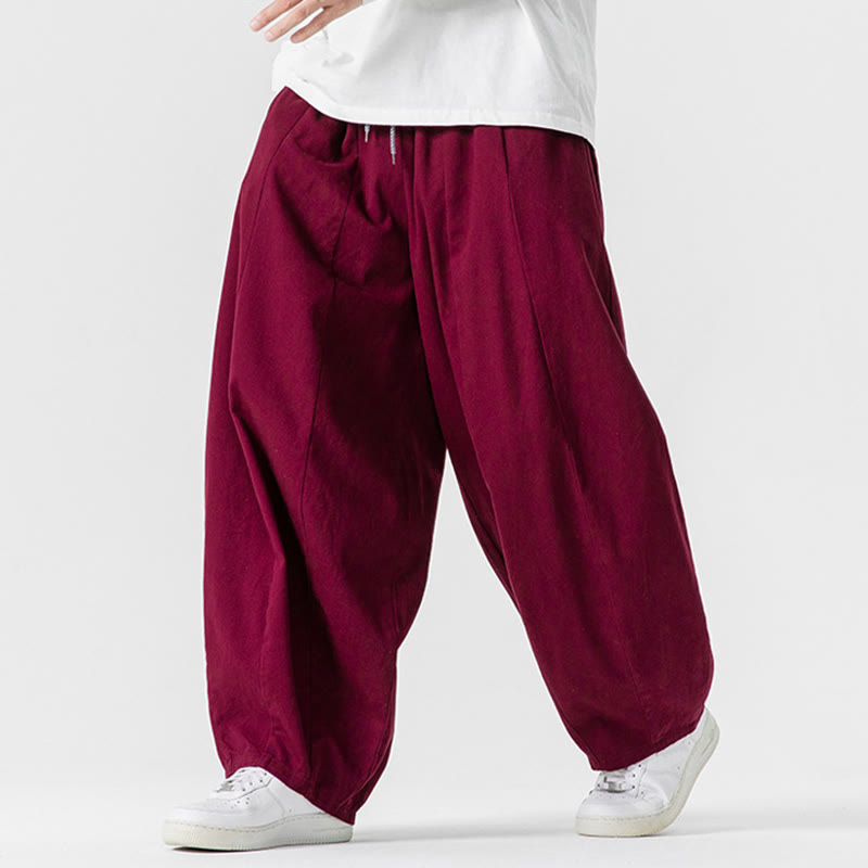 Buddha Stones Fall Solid Color Cotton Elastic Waist Men's Harem Pants With Pockets