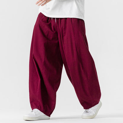 Buddha Stones Fall Solid Color Cotton Elastic Waist Men's Harem Pants With Pockets