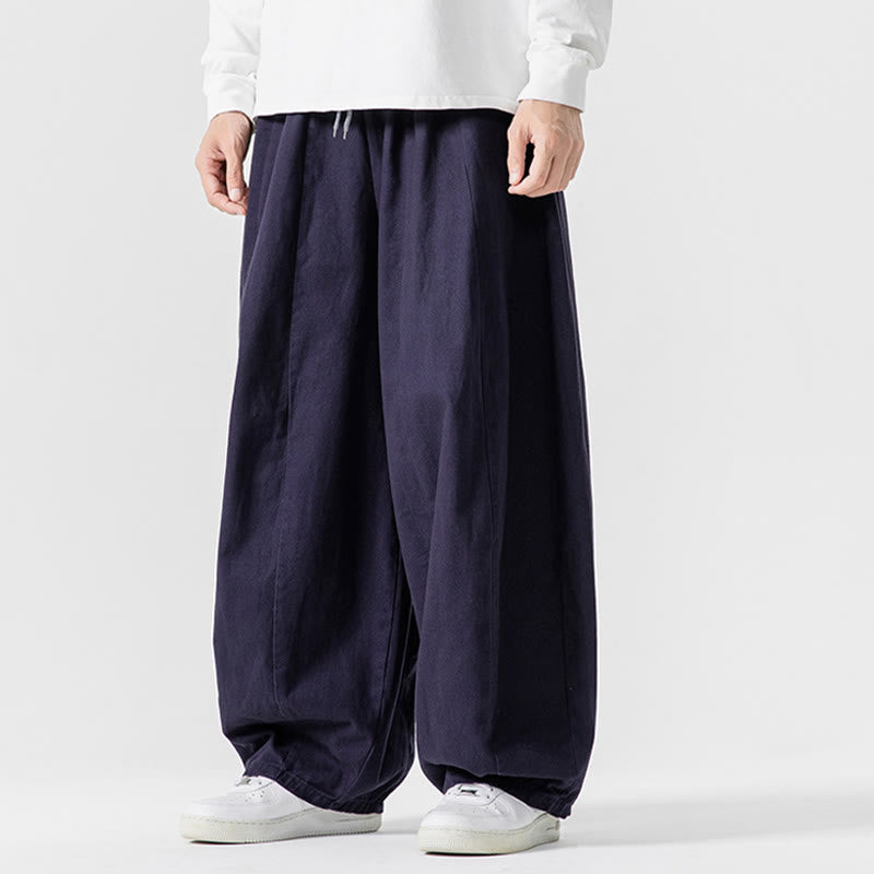 Buddha Stones Fall Solid Color Cotton Elastic Waist Men's Harem Pants With Pockets