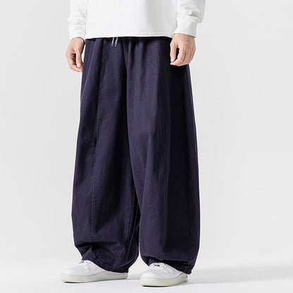 Buddha Stones Fall Solid Color Cotton Elastic Waist Men's Harem Pants With Pockets