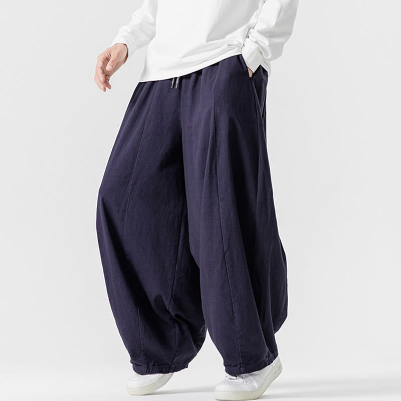 Buddha Stones Fall Solid Color Cotton Elastic Waist Men's Harem Pants With Pockets