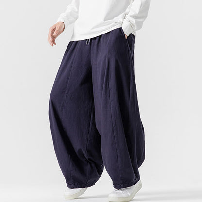 Buddha Stones Fall Solid Color Cotton Elastic Waist Men's Harem Pants With Pockets
