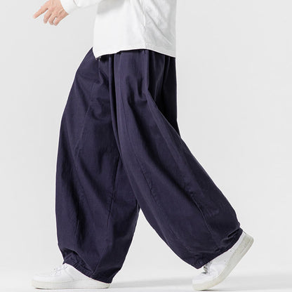 Buddha Stones Fall Solid Color Cotton Elastic Waist Men's Harem Pants With Pockets