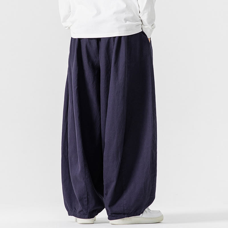 Buddha Stones Fall Solid Color Cotton Elastic Waist Men's Harem Pants With Pockets