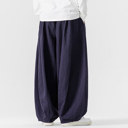Buddha Stones Fall Solid Color Cotton Elastic Waist Men's Harem Pants With Pockets