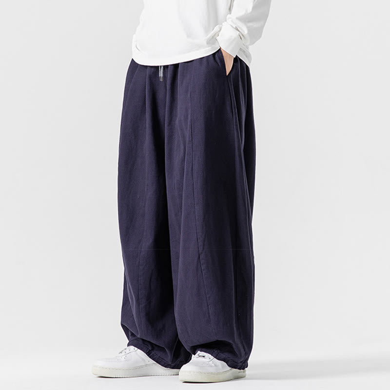Buddha Stones Fall Solid Color Cotton Elastic Waist Men's Harem Pants With Pockets