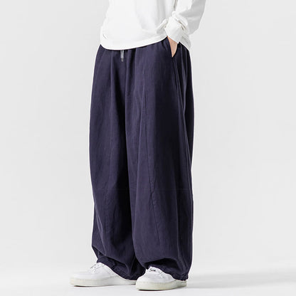 Buddha Stones Fall Solid Color Cotton Elastic Waist Men's Harem Pants With Pockets
