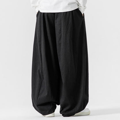 Buddha Stones Fall Solid Color Cotton Elastic Waist Men's Harem Pants With Pockets