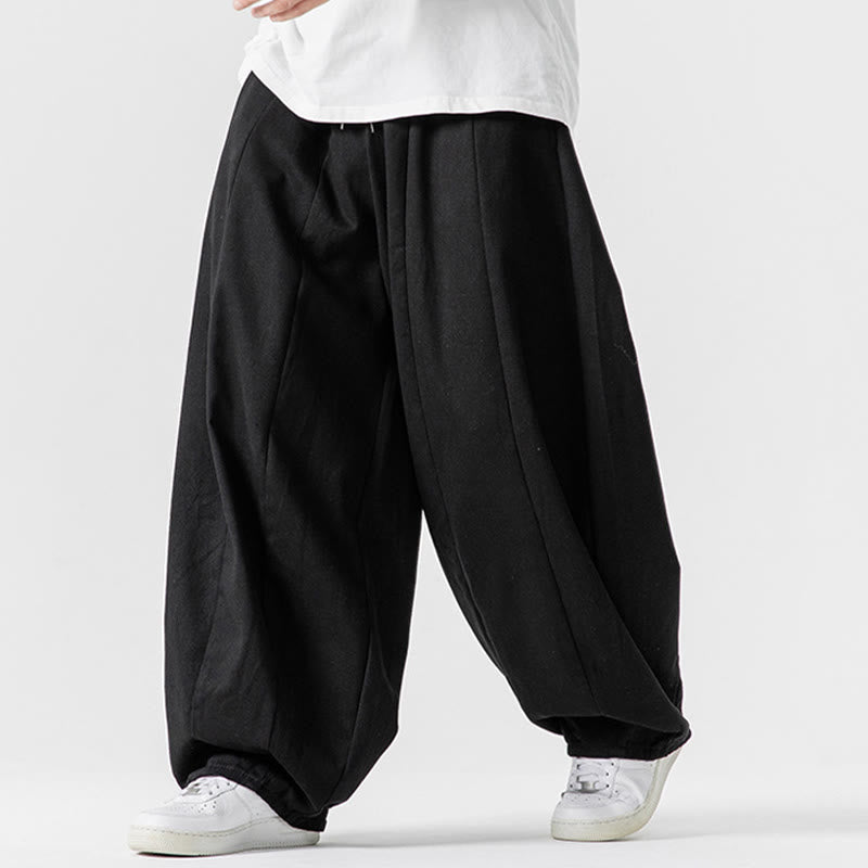 Buddha Stones Fall Solid Color Cotton Elastic Waist Men's Harem Pants With Pockets