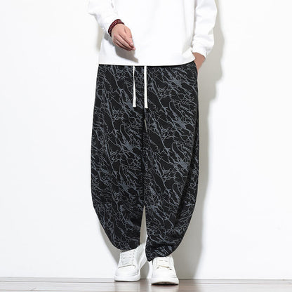 Buddha Stones Fall Textured Lines Print Cotton Elastic Waist Ankle-Length Men's Harem Pants With Pockets