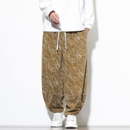 Buddha Stones Fall Textured Lines Print Cotton Elastic Waist Ankle-Length Men's Harem Pants With Pockets