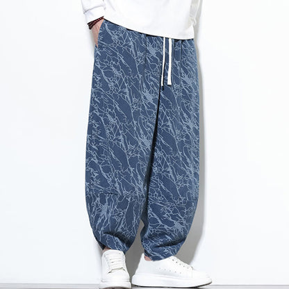 Buddha Stones Fall Textured Lines Print Cotton Elastic Waist Ankle-Length Men's Harem Pants With Pockets