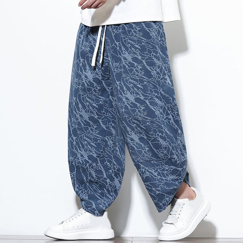Buddha Stones Fall Textured Lines Print Cotton Elastic Waist Ankle-Length Men's Harem Pants With Pockets