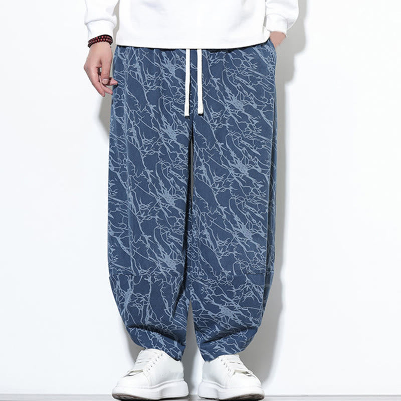 Buddha Stones Fall Textured Lines Print Cotton Elastic Waist Ankle-Length Men's Harem Pants With Pockets