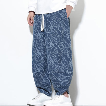 Buddha Stones Fall Textured Lines Print Cotton Elastic Waist Ankle-Length Men's Harem Pants With Pockets