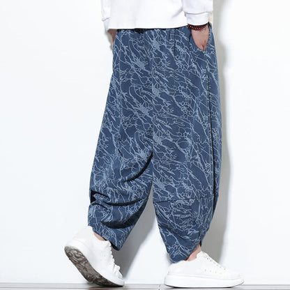 Buddha Stones Fall Textured Lines Print Cotton Elastic Waist Ankle-Length Men's Harem Pants With Pockets