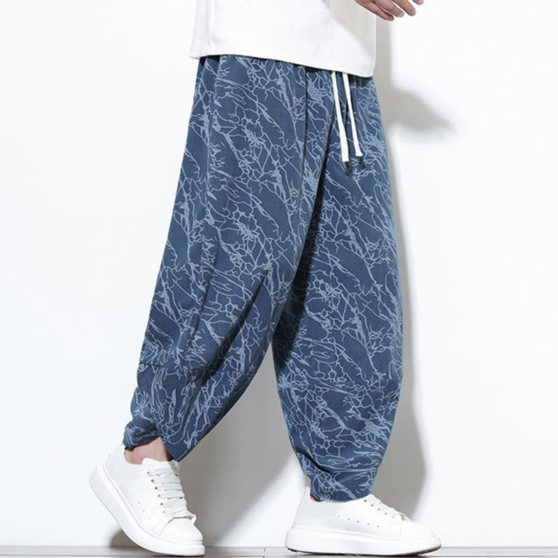 Buddha Stones Fall Textured Lines Print Cotton Elastic Waist Ankle-Length Men's Harem Pants With Pockets