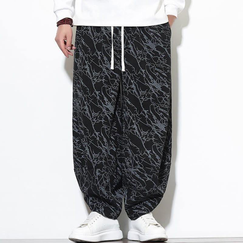 Buddha Stones Fall Textured Lines Print Cotton Elastic Waist Ankle-Length Men's Harem Pants With Pockets