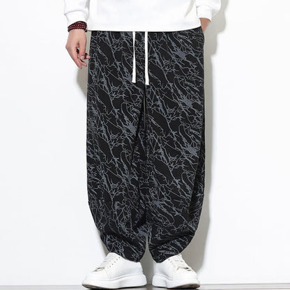 Buddha Stones Fall Textured Lines Print Cotton Elastic Waist Ankle-Length Men's Harem Pants With Pockets