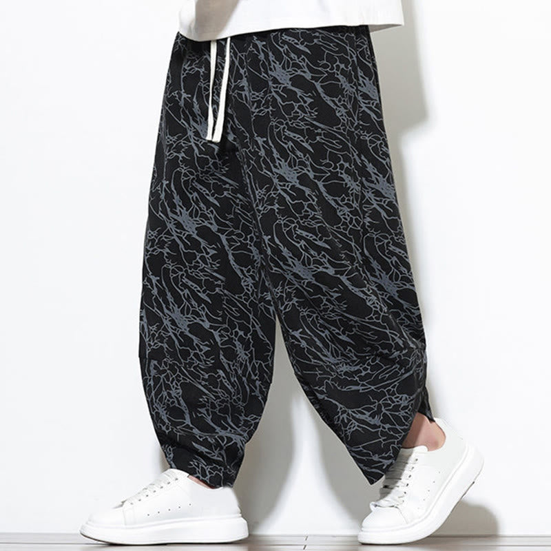 Buddha Stones Fall Textured Lines Print Cotton Elastic Waist Ankle-Length Men's Harem Pants With Pockets